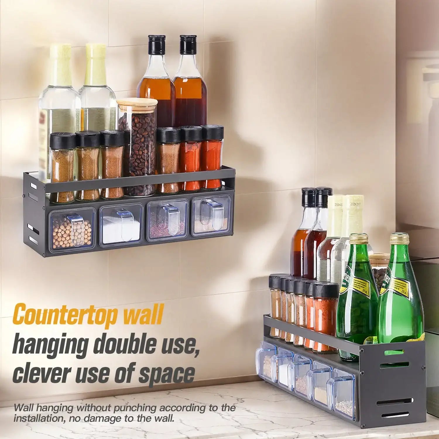 Stainless Steel Wall-Mounted Spice Rack Shelf – Punch-Free Over-Stove Organizer for Seasoning Jars & Bottles