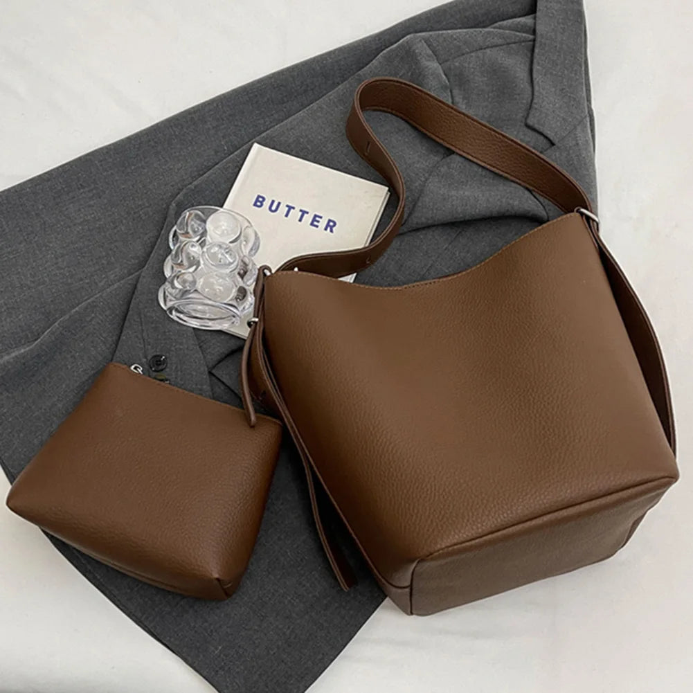 Women’s Large-Capacity Bucket Shoulder Bag with Matching Clutch – Adjustable Strap, Solid Color Minimal Style