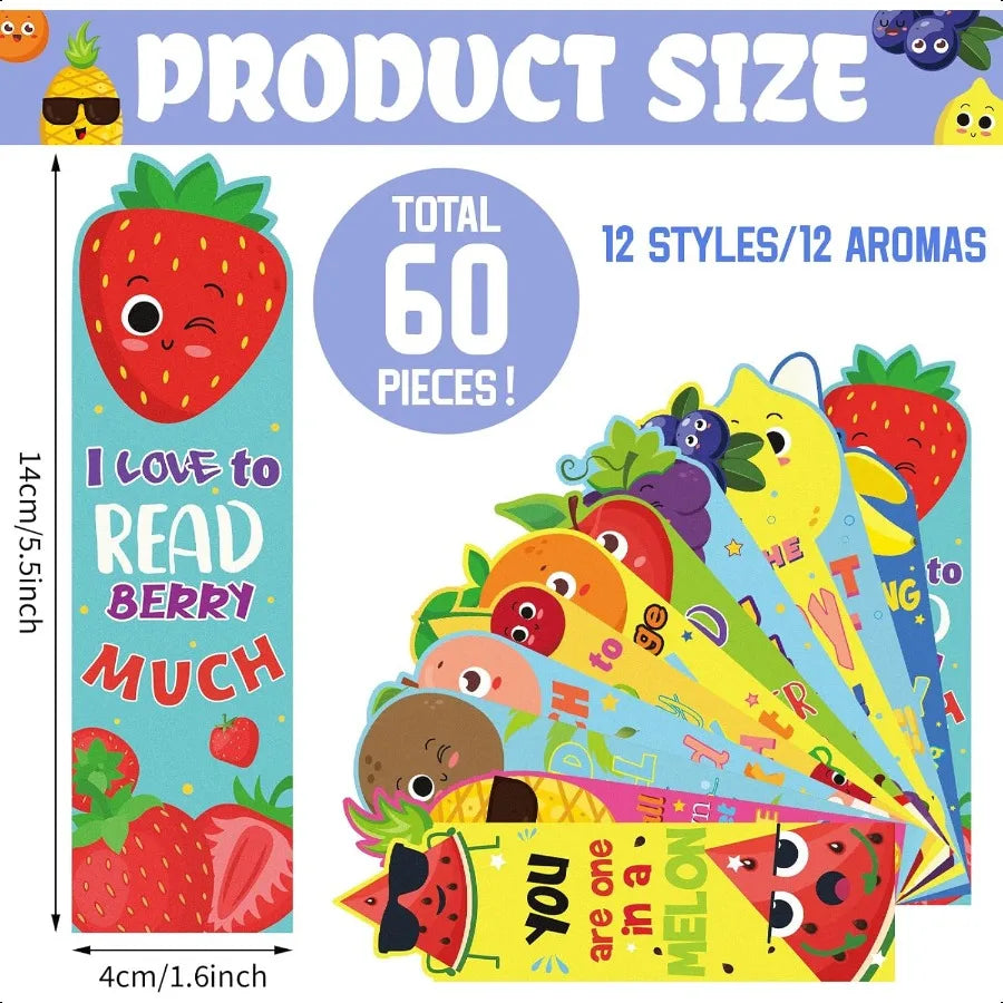 60-Piece Fruit Scented Bookmarks Set – Scratch & Sniff Smelly Cute Classroom Page Markers