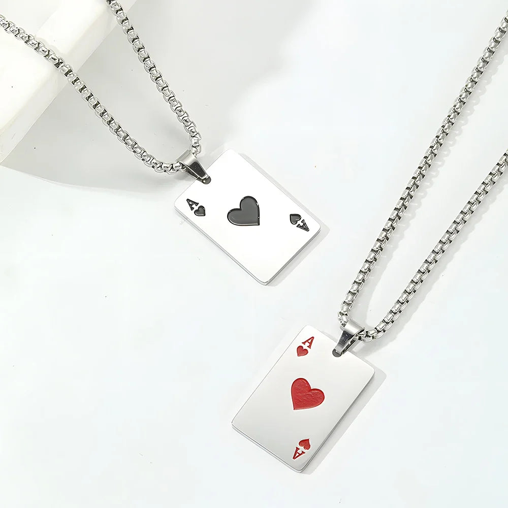 Hip Hop Poker Card Necklace for Men – Stainless Steel Ace of Spades Pendant Chain, Street Style Playing Card Jewelry