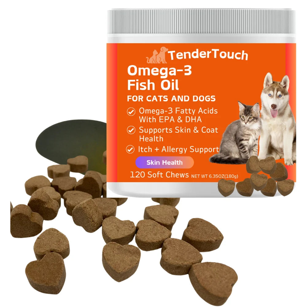 TenderTouch Omega-3 Fish Oil Supplement for Dogs & Cats – 240 Chews (2 × 180g Pack, 360g Total) for Skin, Coat, Joint & Heart Health
