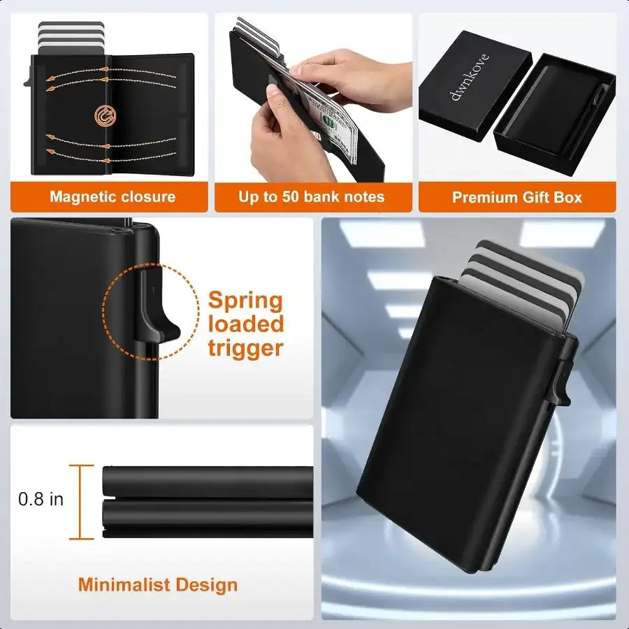 Men’s Wallet & Card Holder – Pop-Up Aluminum Case & Top-Grain Leather Smart Wallet for Men with RFID Blocking (Slim Front Pocket)