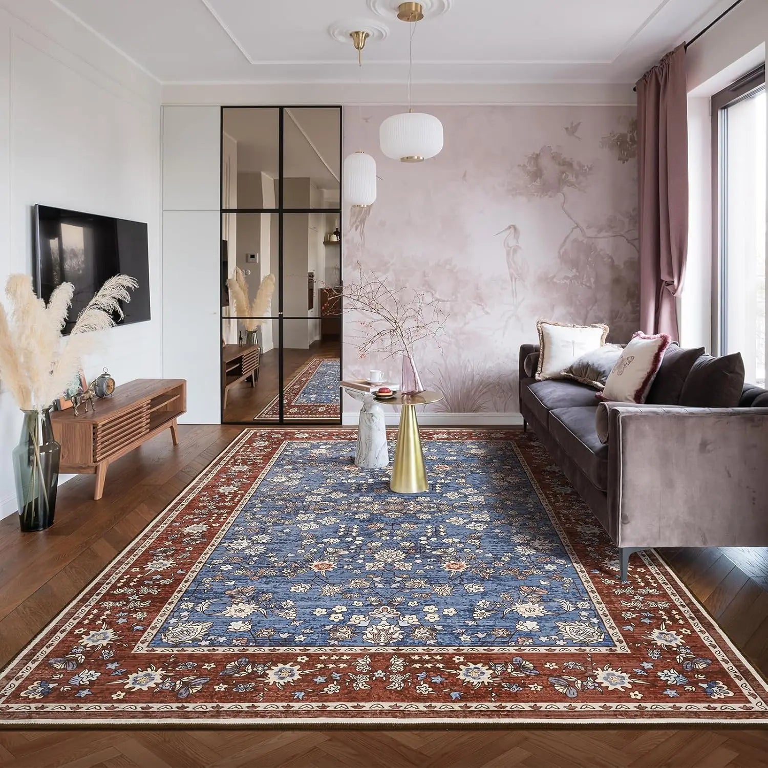 Vintage Floral Washable Area Rug – Soft Low-Pile Non-Slip Carpet for Living Room & Bedroom