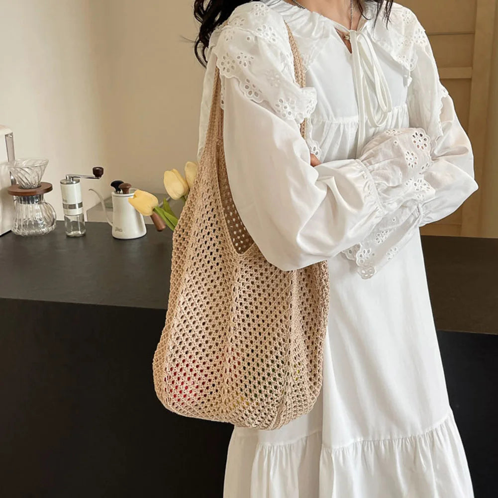 Women’s Knitted Shoulder Tote – Large-Capacity Crochet Underarm Bag, Summer Mesh Beach Hobo Handbag
