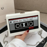 Women’s Radio Shape Crossbody Bag – Retro PU Leather Mini Chain Purse with Tape Recorder Print for Daily Use 🎶