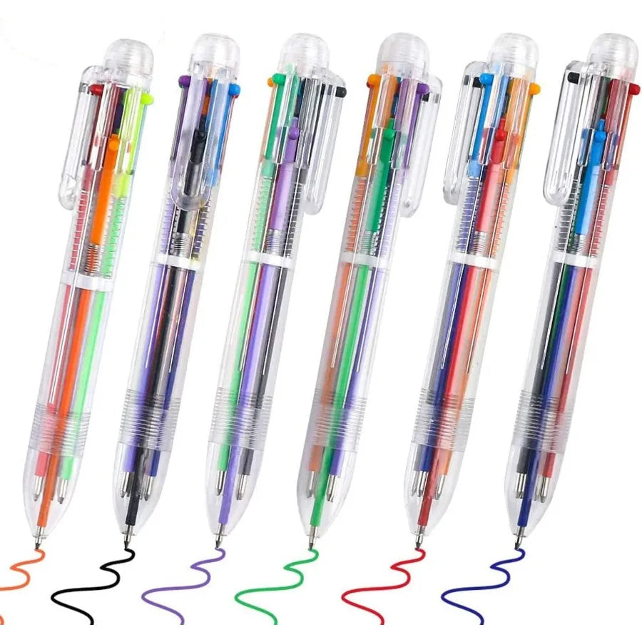 6-in-1 Multicolor Ballpoint Pens – 0.5 mm Retractable Pens with 6 Colors, Transparent Barrel (6-Pack)