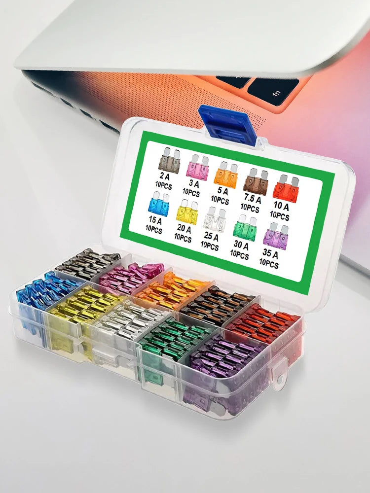 10-Type Auto Blade Fuse Kit – 100pcs (2A 3A 5A 7.5A 10A 15A 20A 25A 30A 35A) with Box Organizer