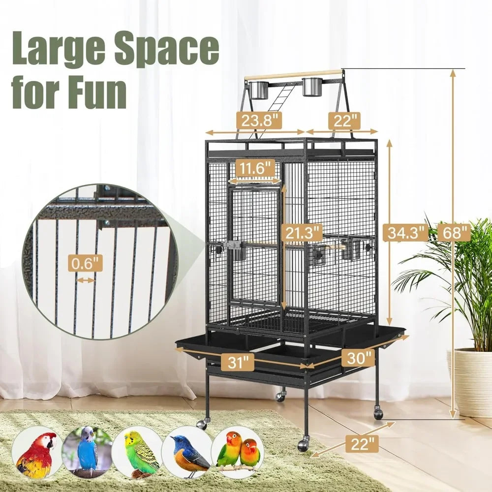 Playtop Parrot Cage – Heavy-Duty Wrought Iron Bird Cage with Rolling Stand, Large Pet Bird House for Parrots & Cockatiels