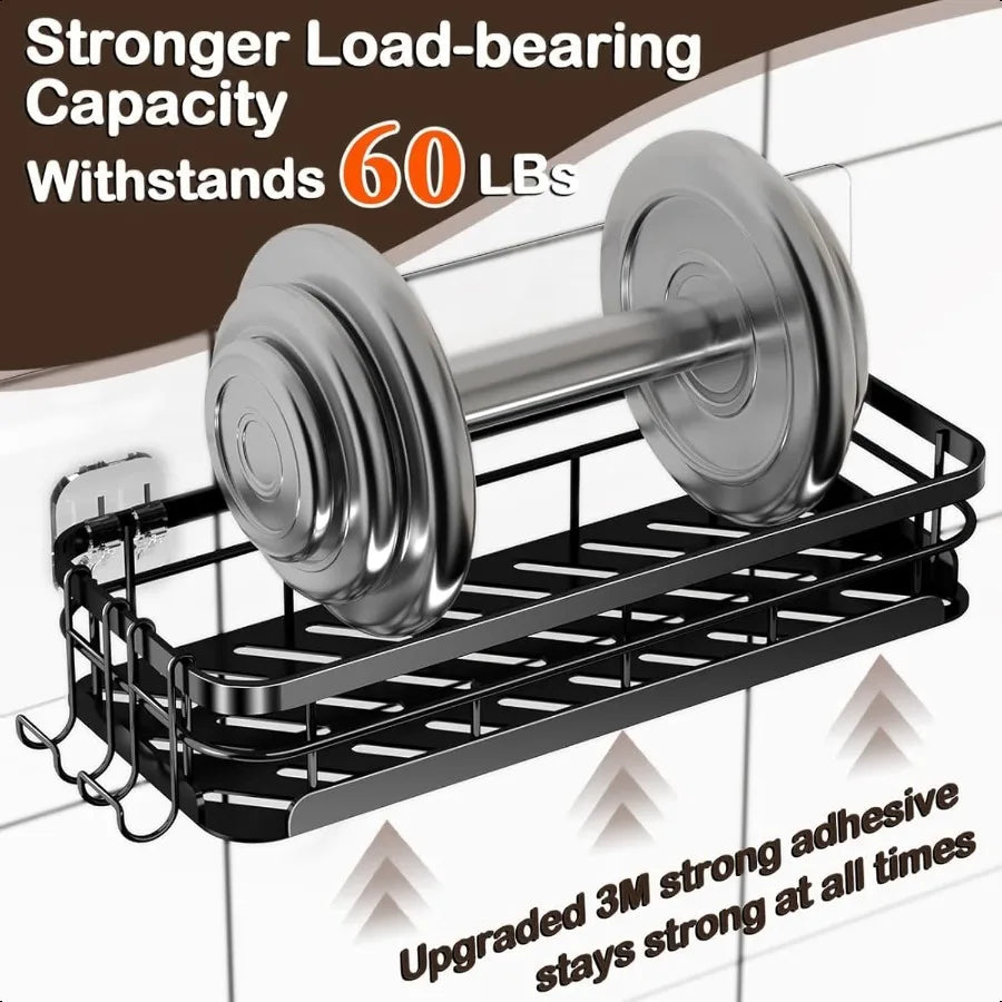 Large Rust-Proof Stainless Steel Shower Caddy – Adhesive Wall Mounted Shelf with Soap Holder & 4 Hooks