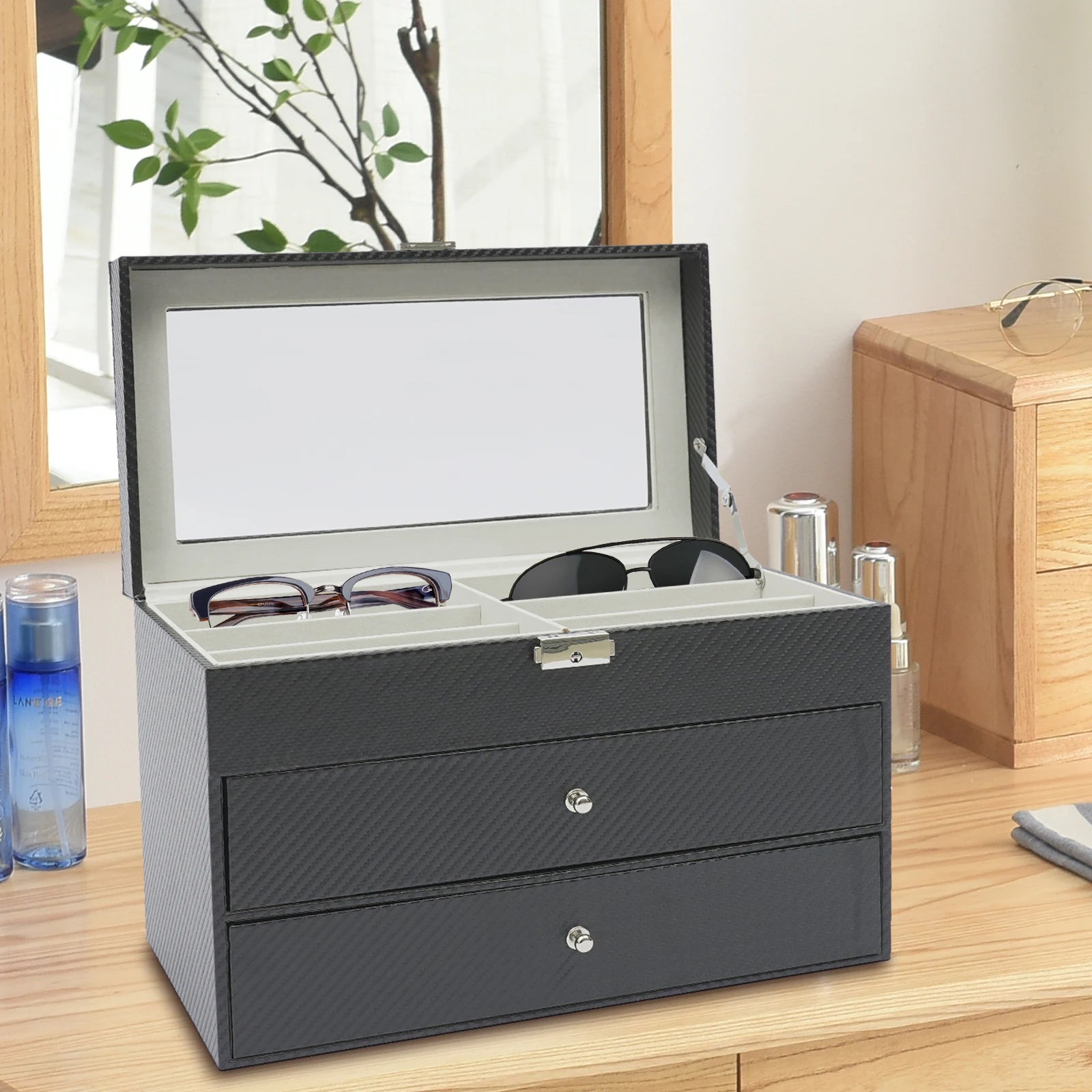 3-Tier Eyeglasses Storage Box – Drawer Style Sunglasses Organizer with 18 Individual Compartments