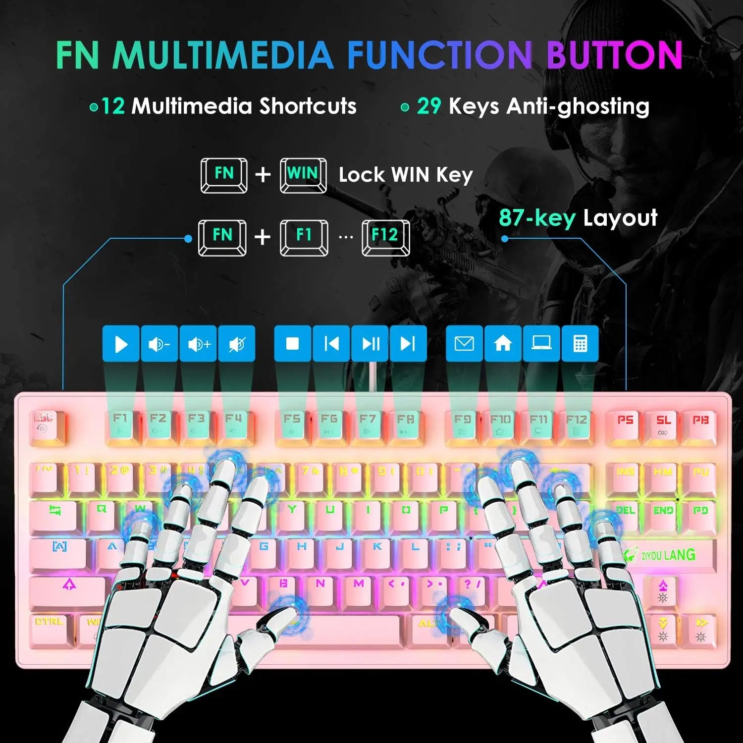 Mambasnake X Ziyou Lang K2 Wired Gaming Keyboard and Mouse Set – Mini 87-Key Mechanical Keyboard with Pink/Blue Switch & Precision Gaming Mouse