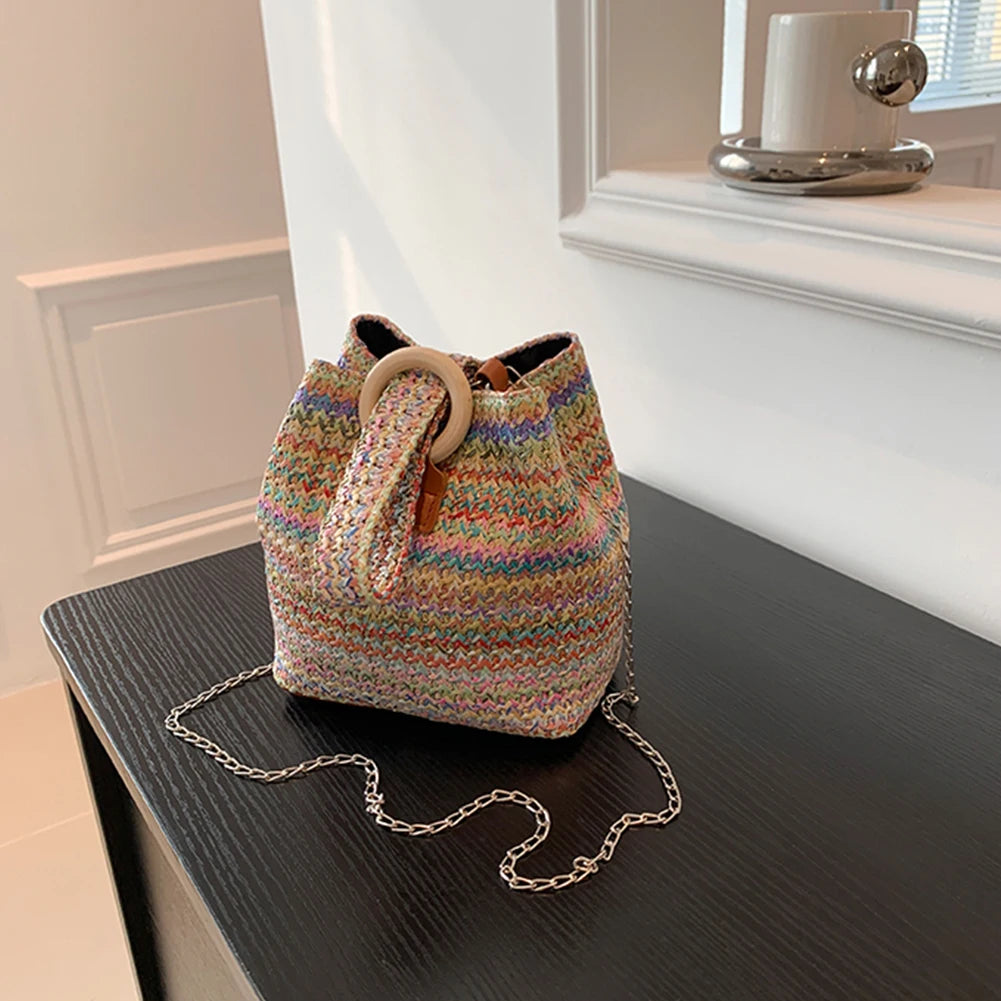 Women’s Colorful Straw Bucket Bag – Casual Woven Clutch & Phone Pouch, Fashion Satchel Crossbody Messenger Handbag