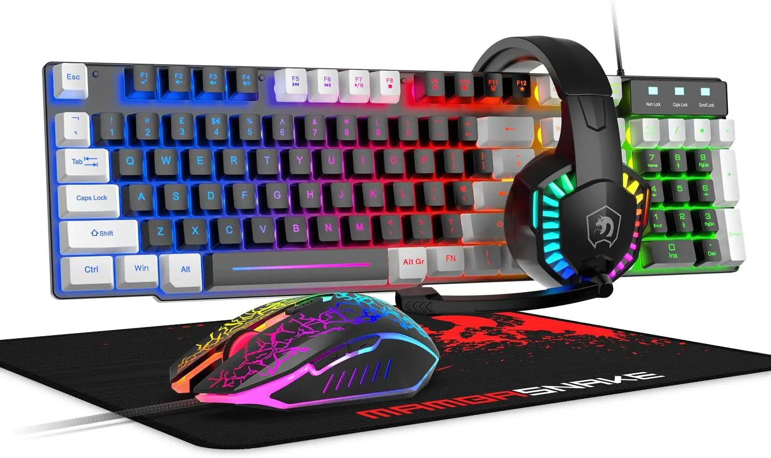 MambaSnake T11 Wired Gaming Combo – Rainbow LED Backlit Keyboard, Gaming Mouse & Headset Set for PC & Laptop
