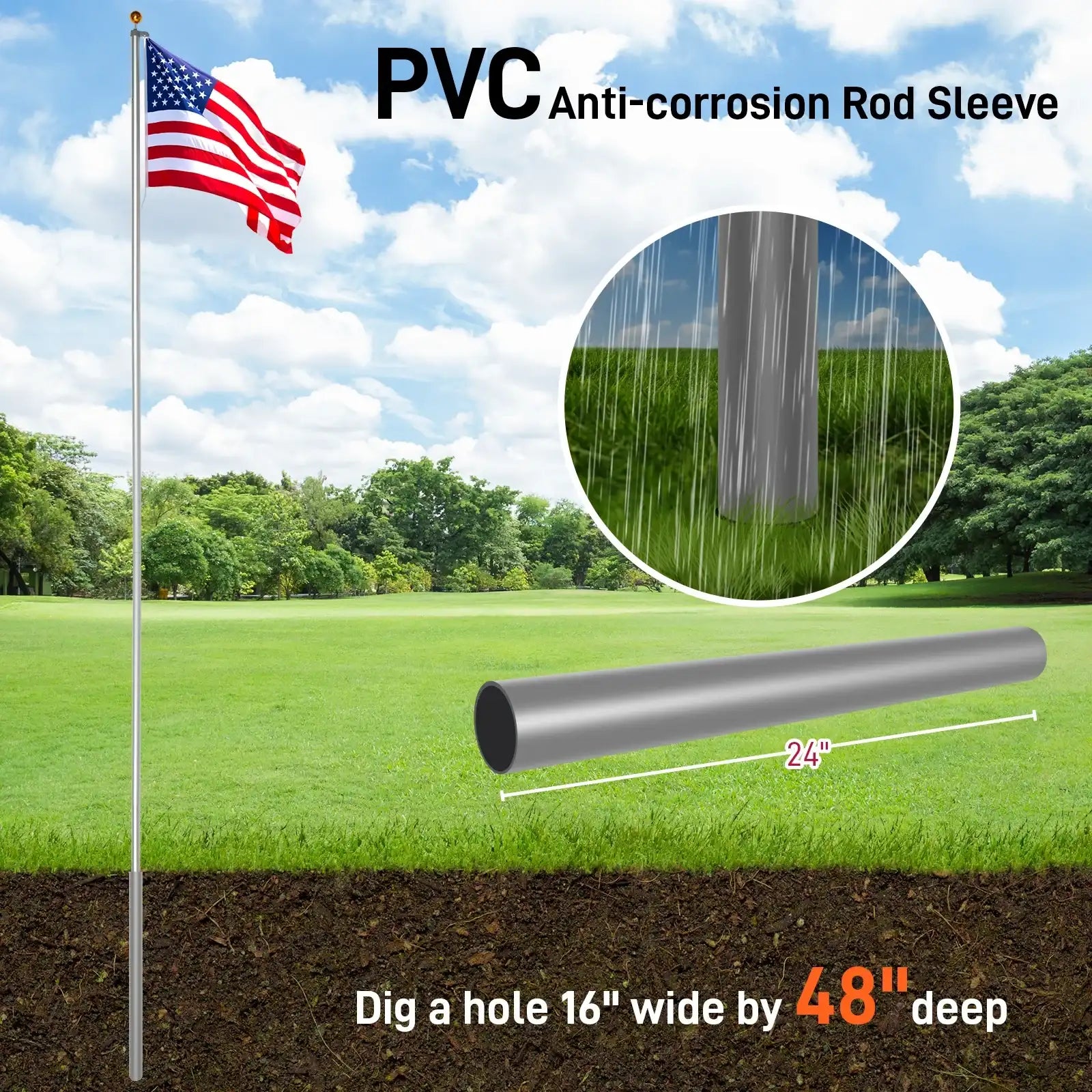 30 ft Sectional Aluminum Flag Pole Kit – Extra-Thick In-Ground Flagpole for Outdoor Use (Includes 5×3 US Flag)