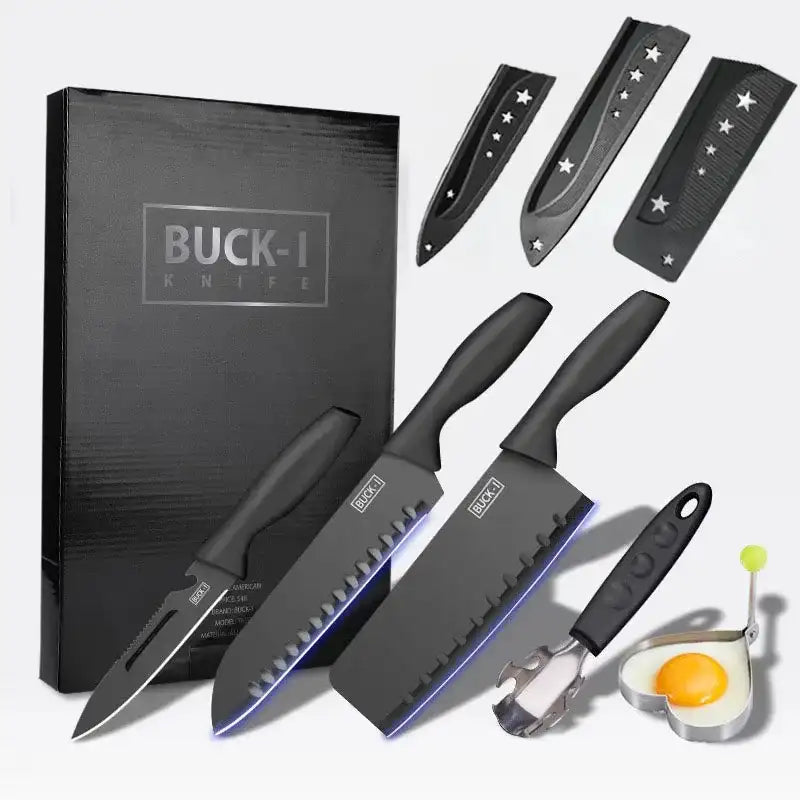 “Black Premium Kitchen Knife Set – Chef & Fruit & Cleaver + Cutting Board & Egg Mold”