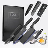 “Black Premium Kitchen Knife Set – Chef & Fruit & Cleaver + Cutting Board & Egg Mold”