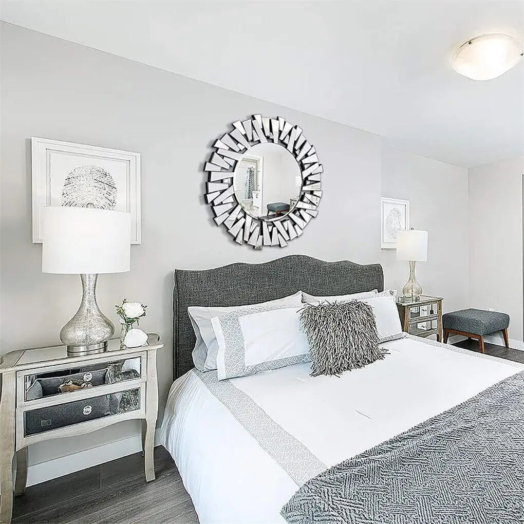 Luvodi Large Round Wall Mirror – Silver Starburst Design Decorative Mirror for Living Room, Dining Room & Bathroom Décor