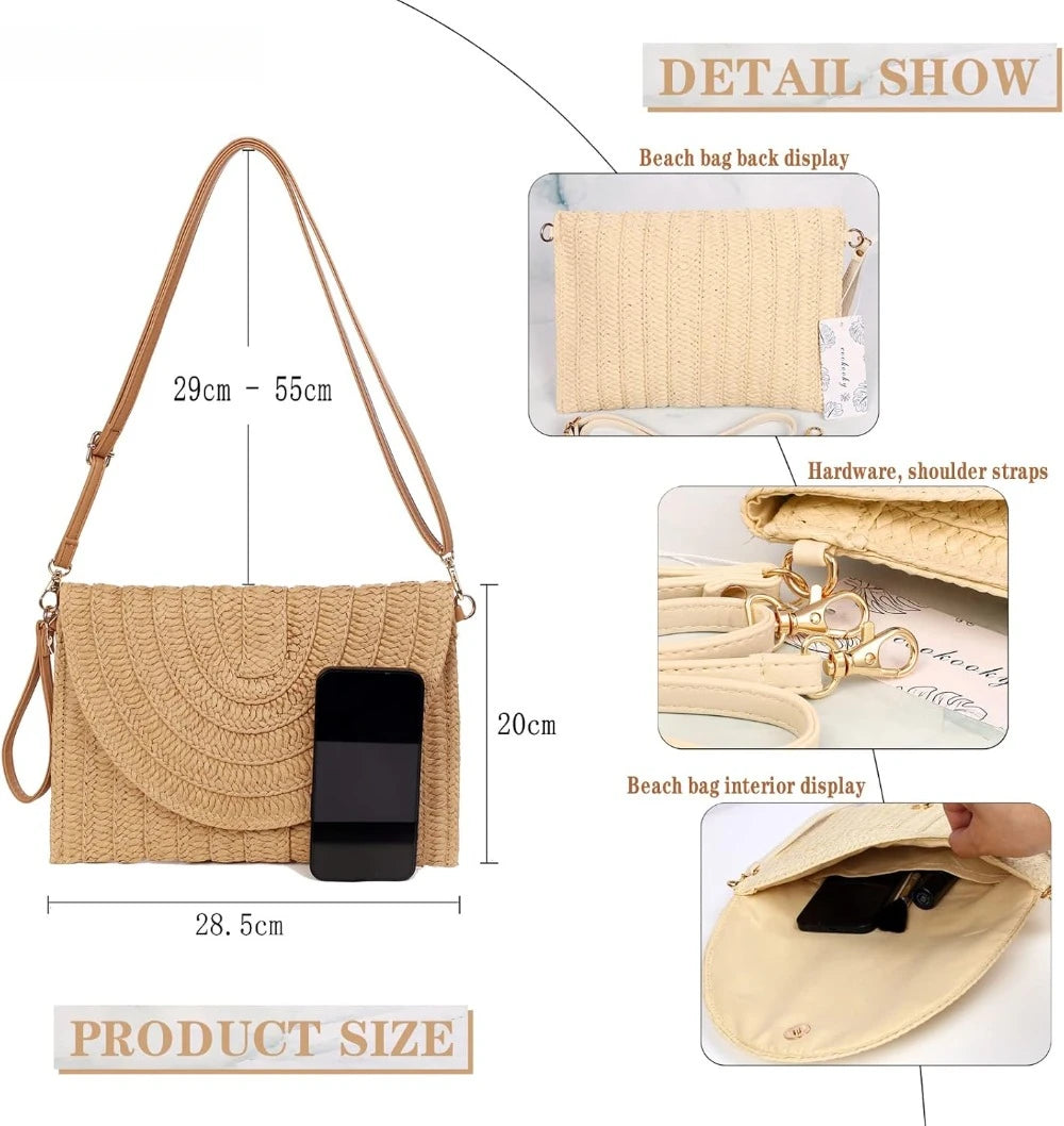 Women’s Woven Straw Envelope Clutch – Summer Beach Handbag & Casual Boho Purse for Vacations and Daily Use
