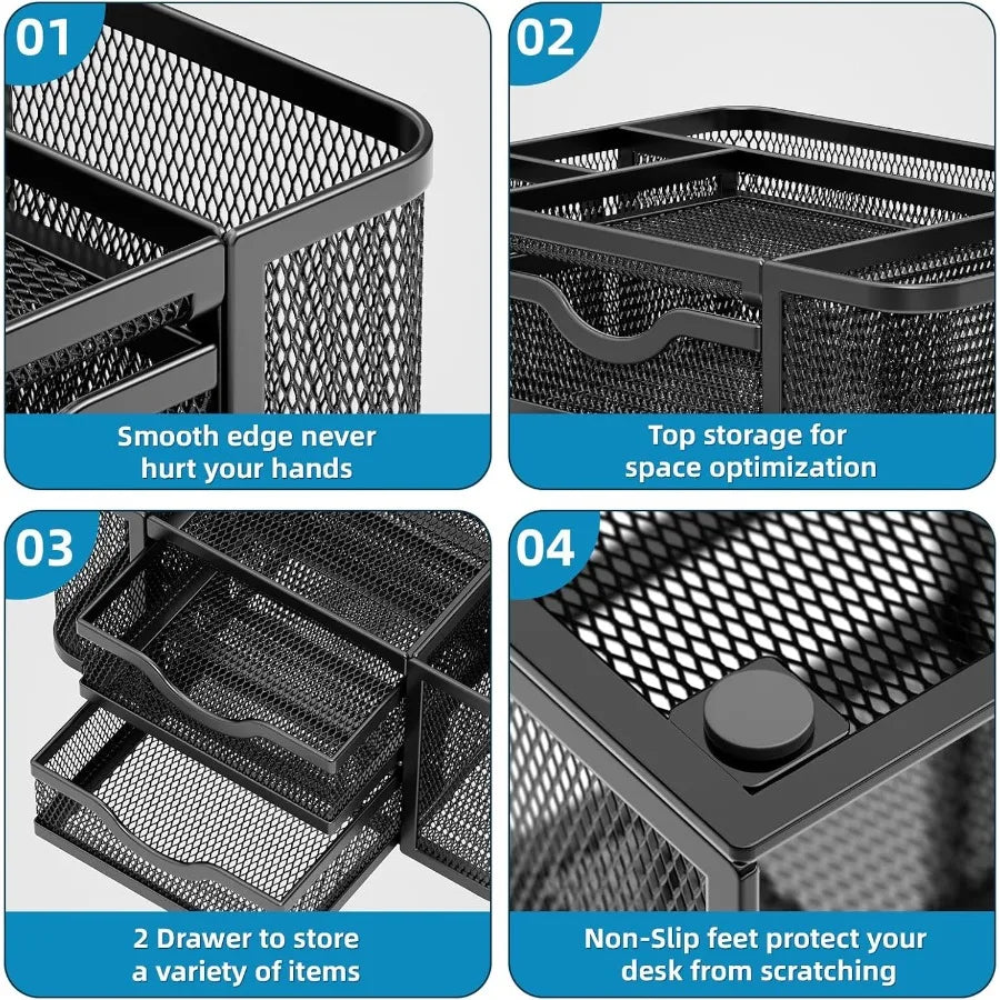 Mesh Desk Organizer with Two Drawers – 5 Compartments, Desktop Pen & Pencil Caddy
