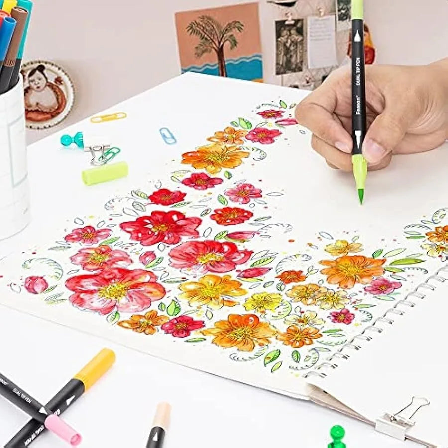 Dual Brush Tip Coloring Markers – 34-Color Set for Calligraphy, Journaling & Drawing 🎨