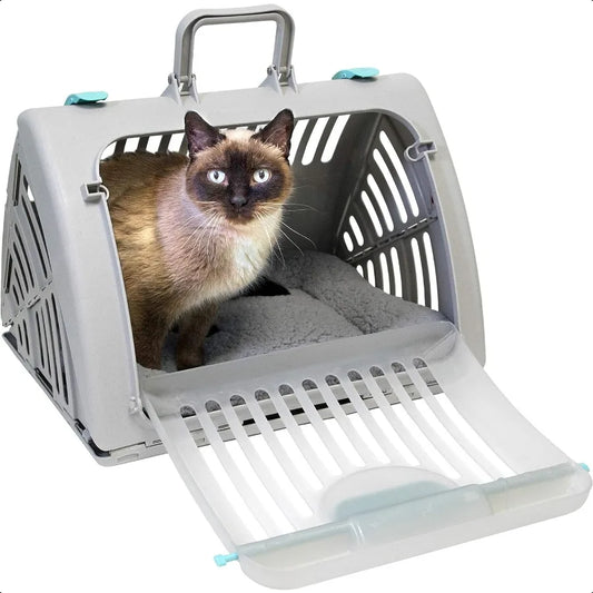 Sport Pet Foldable Travel Cat Carrier – Collapsible Plastic Crate with Front Door & Waterproof Bed, Gray
