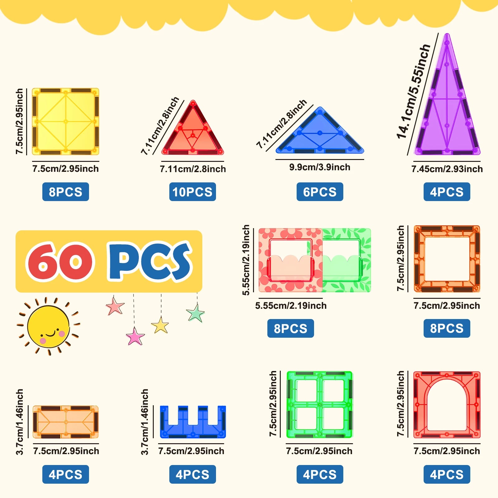 60PCS Magnetic Building Tiles Set – STEM Educational Construction Blocks, Sensory Learning Toys for Kids Ages 3+, Boys & Girls