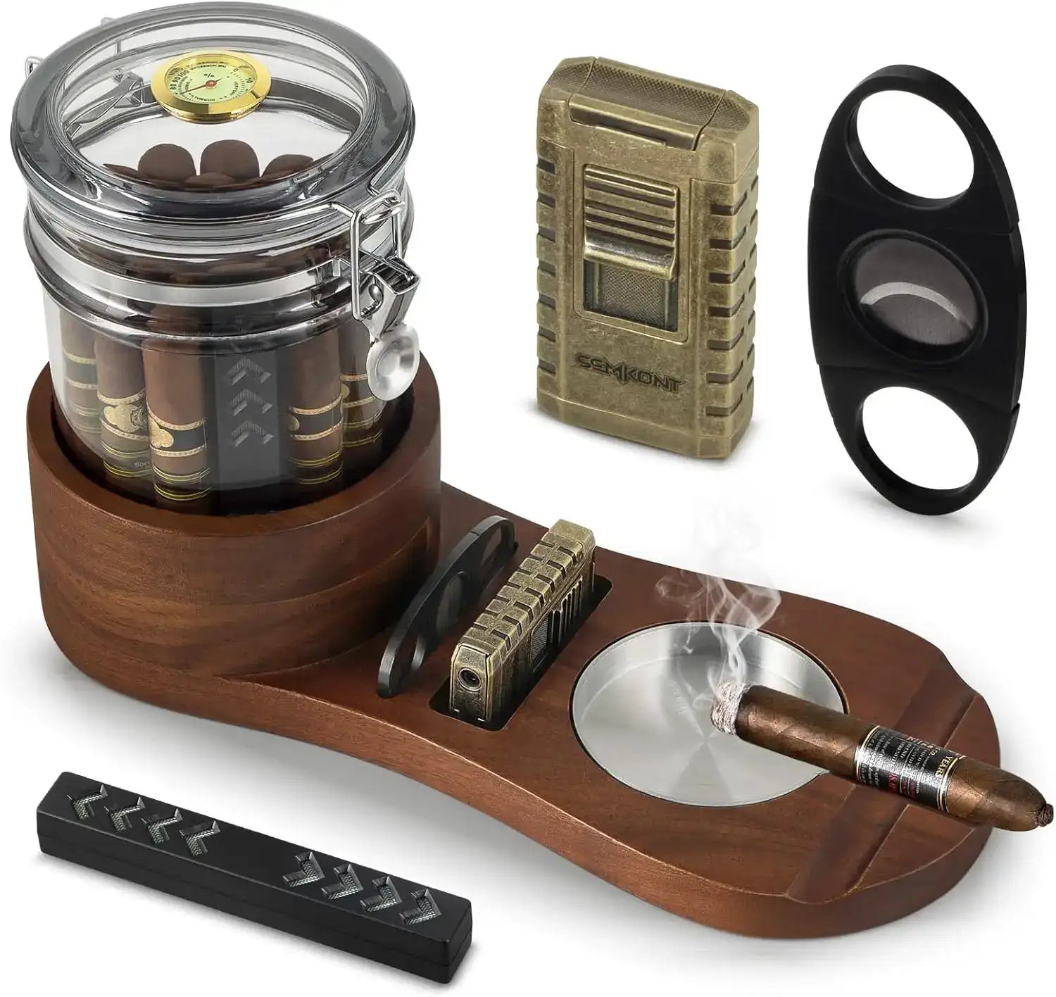 Wooden Cigar Humidor & Ashtray Set with Drawer, Cigar Jar, Cigar Cutter & Slot Organizer