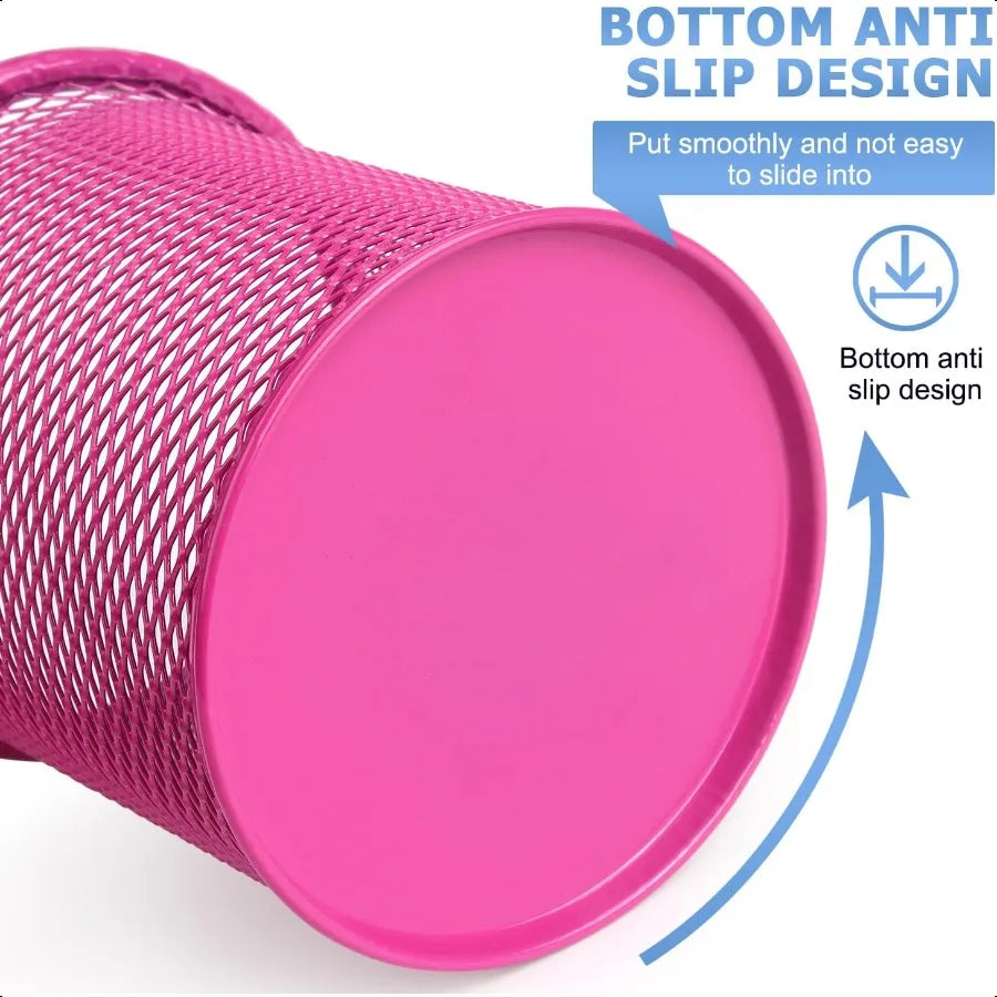 Wire Mesh Pencil & Pen Holder Cup – Pink Metal Desk Organizer for Office & Study