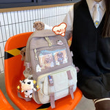 Preppy Style Contrast Color Canvas Backpack for Women – Student Knapsack with Decorative Pendant