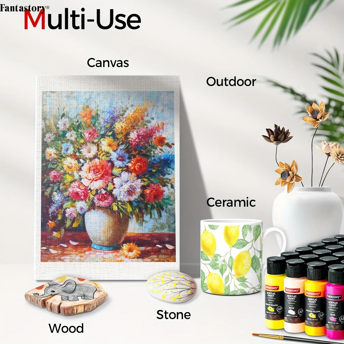 Fantastory 60 ml Acrylic Paint Set – 24 Vibrant Colors + 12 Brushes | Canvas, Wood, Glass, Stone Craft Kit