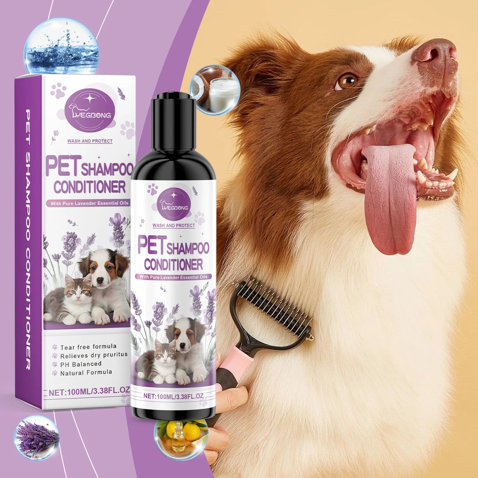 Yegbong Pet Lavender Shampoo – Gentle Cleansing for Cats & Dogs, Fluffy, Smooth & Fragrant Coat Care