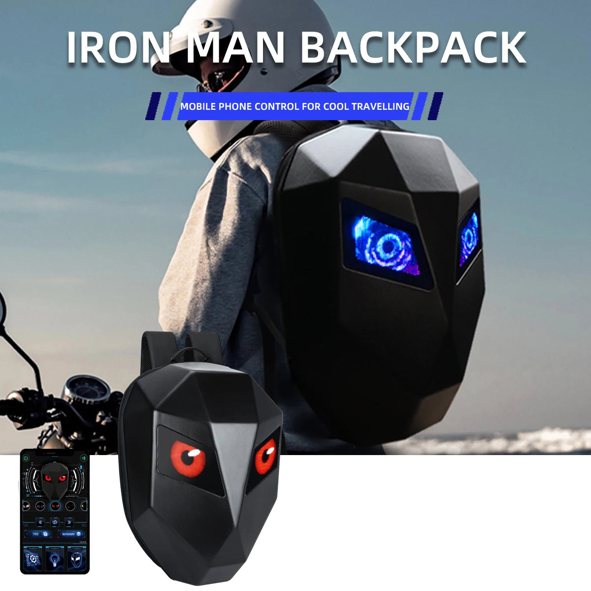 Motorcycle LED Hard Shell Backpack – Carbon Fiber Tech Riding Bag with DIY Display & Helmet Storage, Large Capacity