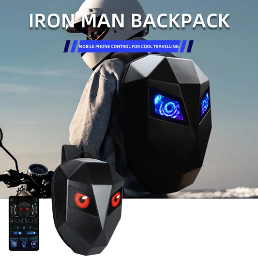 Motorcycle LED Hard Shell Backpack – Carbon Fiber Tech Riding Bag with DIY Display & Helmet Storage, Large Capacity