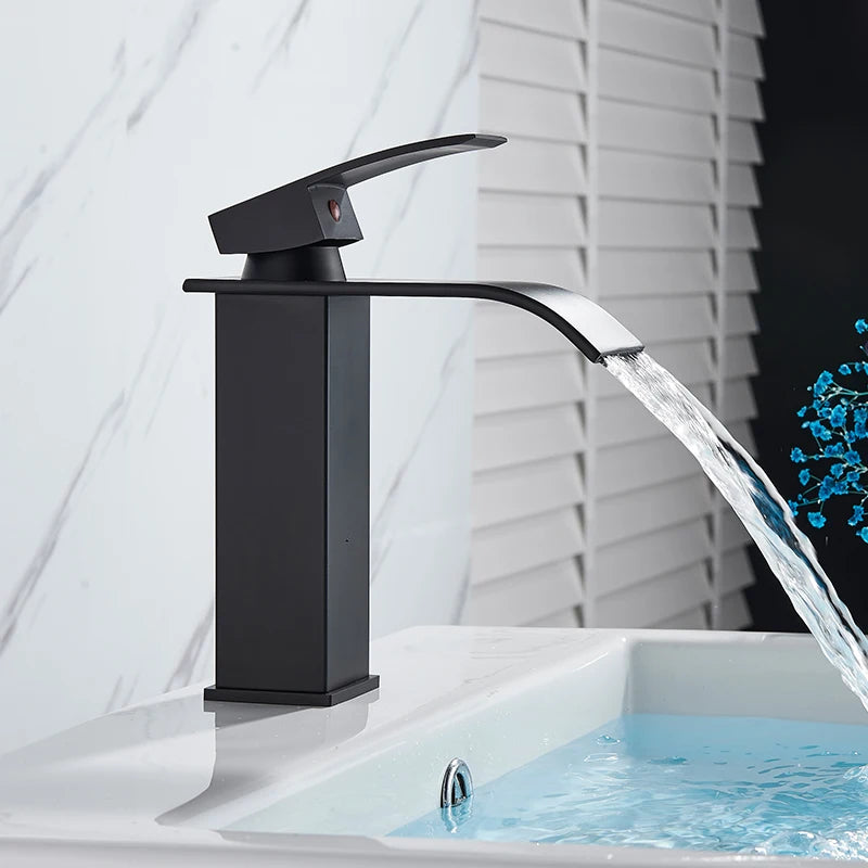 Matte Black Waterfall Basin Faucet – Deck‐Mounted Single Lever Brass Mixer Tap
