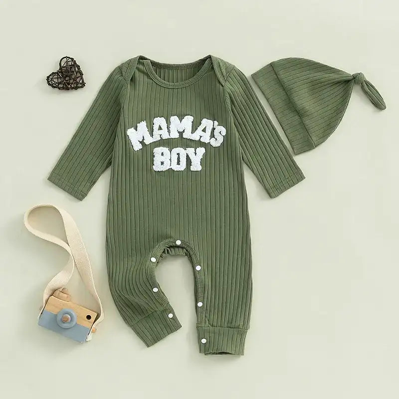 Letter-Embroidered Ribbed Long-Sleeve Baby Boy Bodysuit with Hat – Fall Outfit Jumper for 0-24 Months