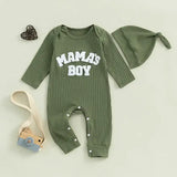 Letter-Embroidered Ribbed Long-Sleeve Baby Boy Bodysuit with Hat – Fall Outfit Jumper for 0-24 Months