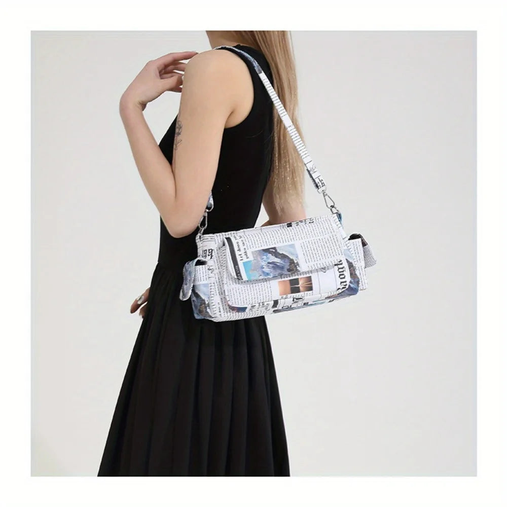 Women’s Heart-Shaped Herringbone & Newspaper-Print Crossbody Bag – Stylish Underarm & Shoulder Purse