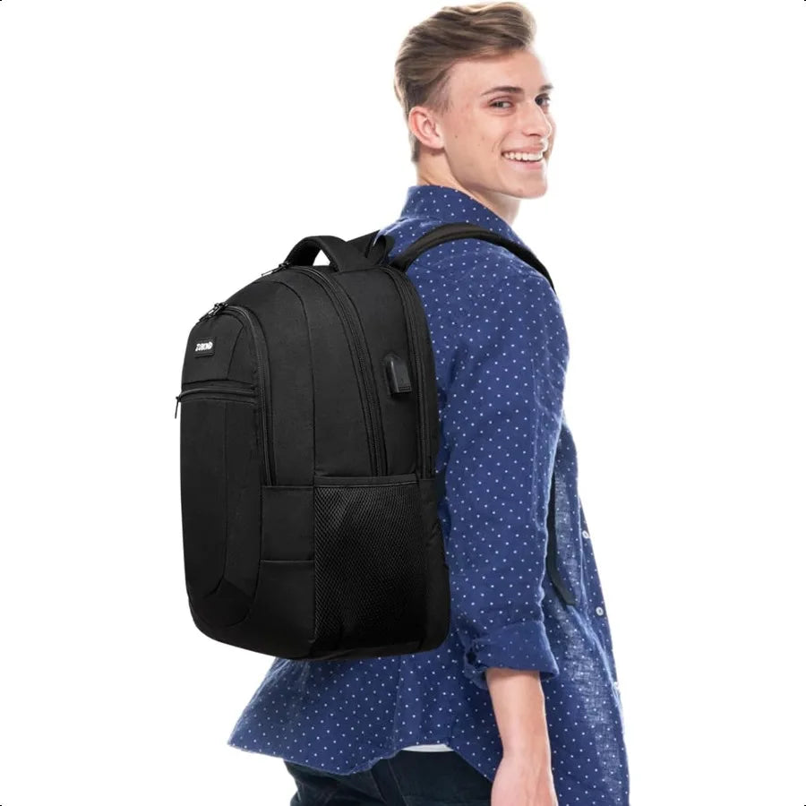 Black 15.6" Laptop School Backpack — Water-Resistant Travel Bag with USB Charging Port for Teens & Adults
