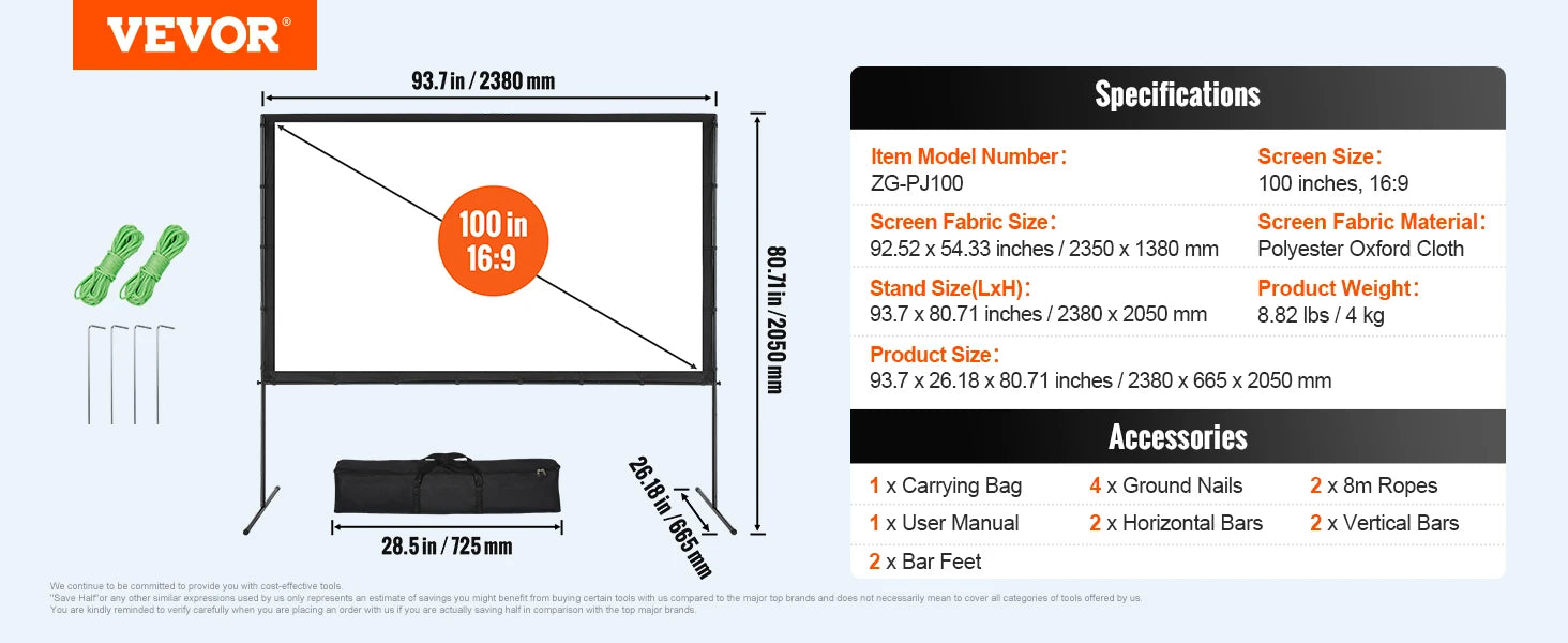 SucceBuy Portable Projection Screen with Stand – Adjustable 100″ / 120″ / 150″ 16:9 HD Display for Cinema, Home & Office