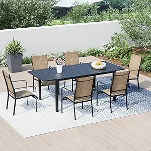 “7-Piece All-Weather Rattan Patio Dining Set – 60” Wood-Top Table with Umbrella Hole & 6 Cushioned Chairs for Outdoor Garden & Backyard”