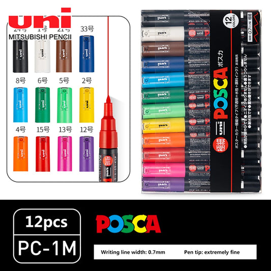 Uni POSCA 12-Color Acrylic Marker Set – 0.7 mm Fine Tip Pens for Posters, Crafts & Creative Design