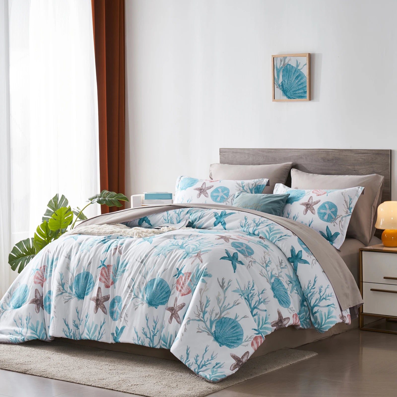 7-Piece Starfish & Coral Print Bedding Comforter Set – All-Season Boho Sea-Life Design