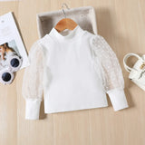 Girls Mesh Puff-Sleeve Turtleneck Top & PU Leather Pleated Skirt 2-Piece Set (Ages 1-6Y)