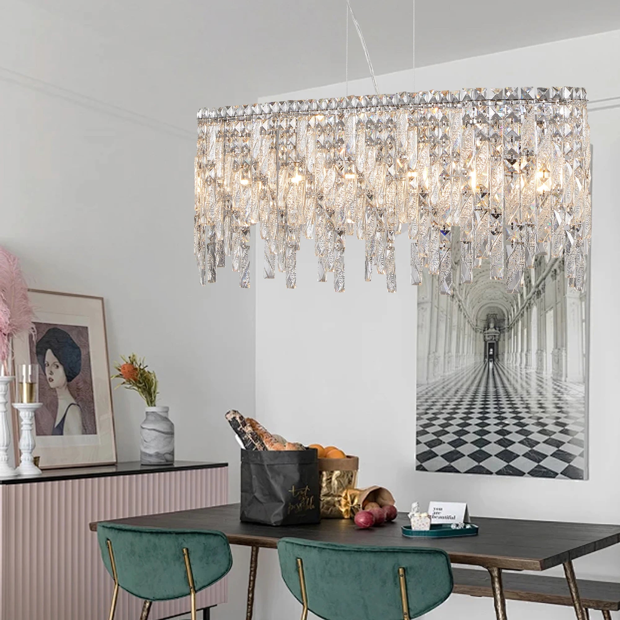 Silver Oval Crystal Chandelier – Elegant Modern Ceiling Light Fixture with Reflective Hanging Crystals (Bulbs Not Included)