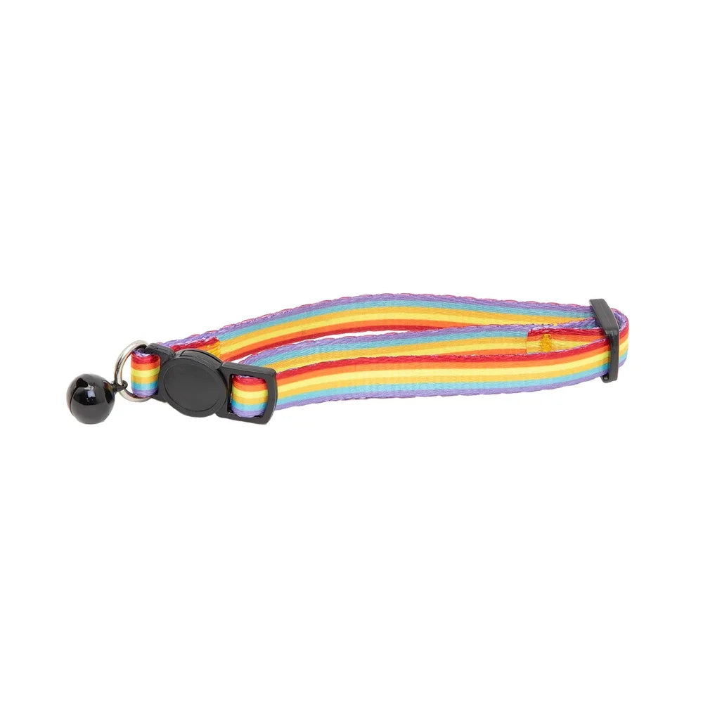 2-Pack Adjustable Breakaway Cat Collars with Bell – Rainbow Stripe & Solid Purple Nylon Collars with ID Tag Ring for Cats & Kittens