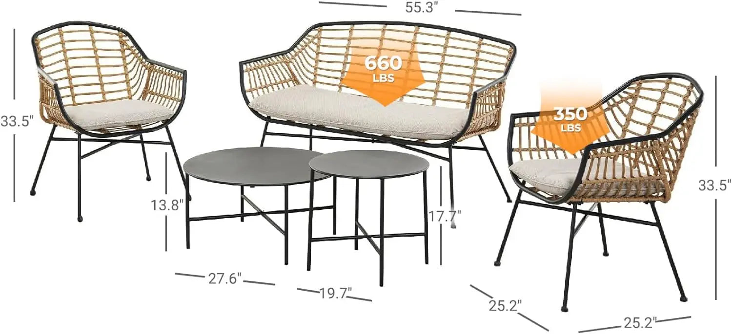 “5-Piece Outdoor Wicker Patio Conversation Set with Cushions & Coffee Tables – Boho Indoor/Outdoor Wicker Seating Set”
