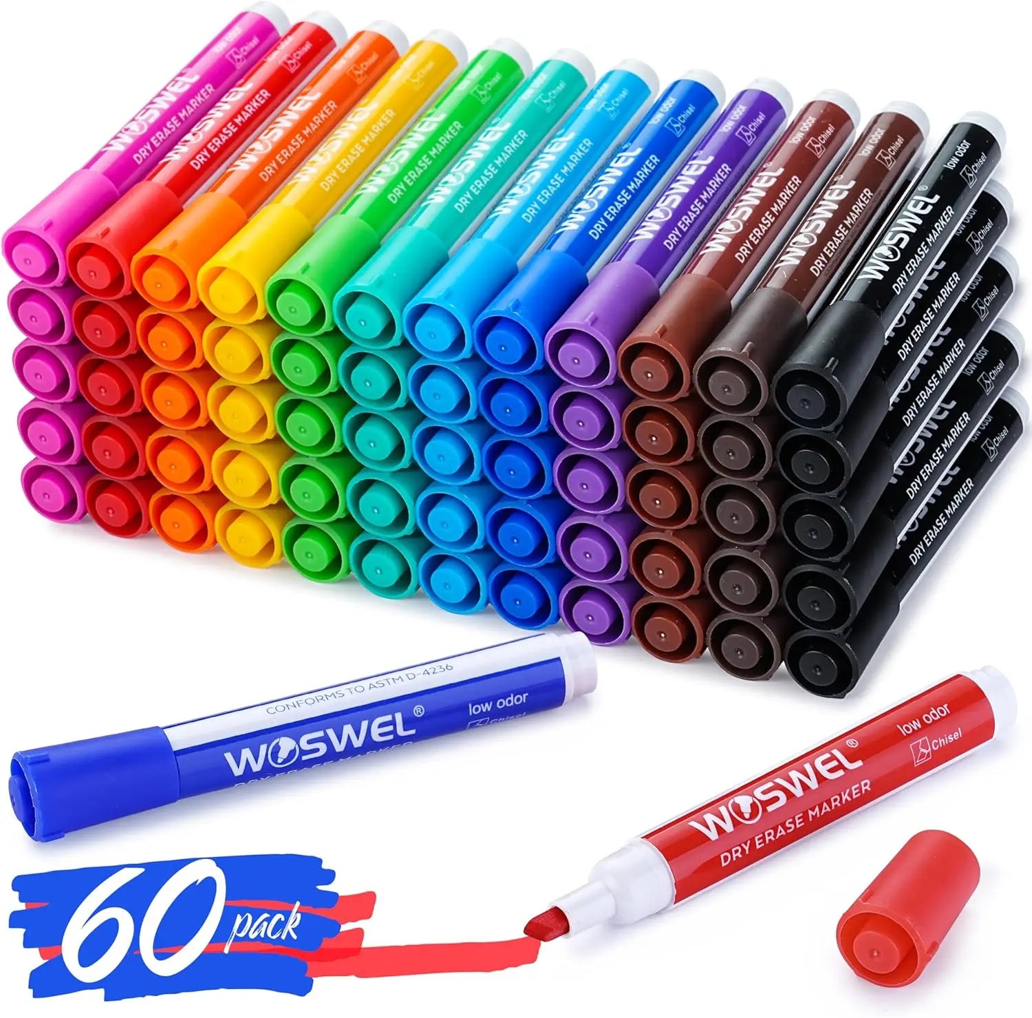 Dry Erase Markers – 60 Bulk Pack Chisel Tip Whiteboard Markers in 12 Assorted Colors 🖊️