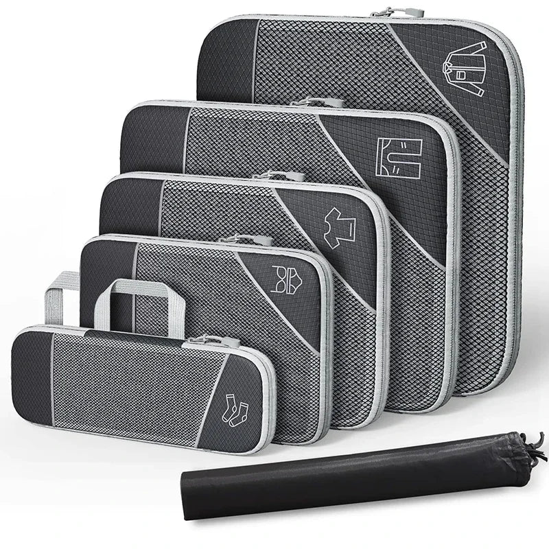 3-6 pcs Compressed Packing Cubes Travel Storage Organizer Set with Shoe Bag & Mesh Visual Luggage Set