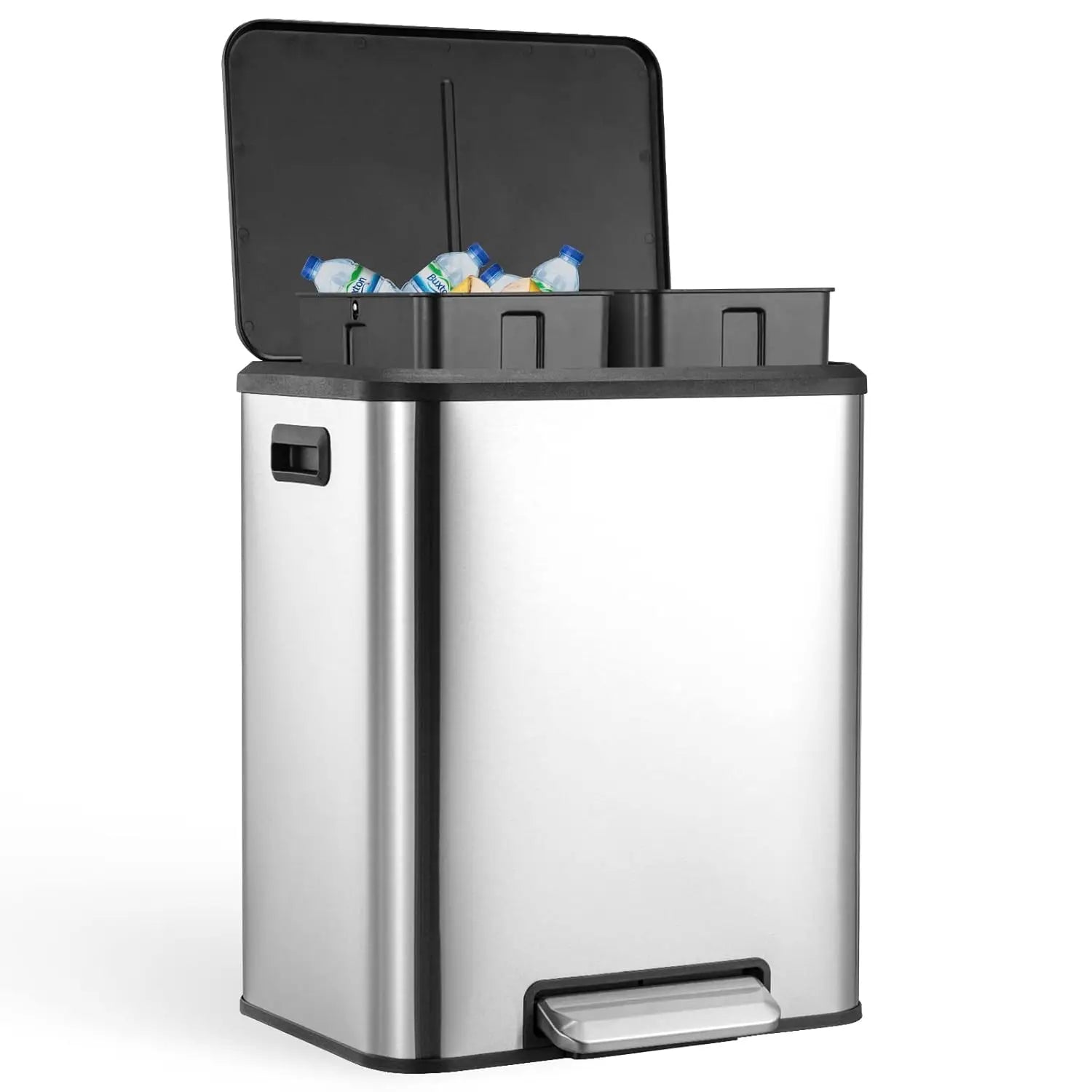 Dual Trash Can – Stainless Steel 2 × 4 Gallon (2 × 15L) Garbage & Recycling Bin with Pedal, Inner Buckets & Soft-Close Lid