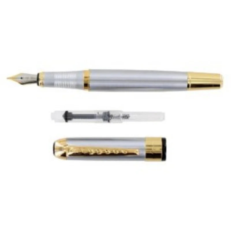 Luxury Golden & Silver Stainless Steel Fountain Pen – High-Quality Nib, Elegant Writing Pen for School, Office & Gift